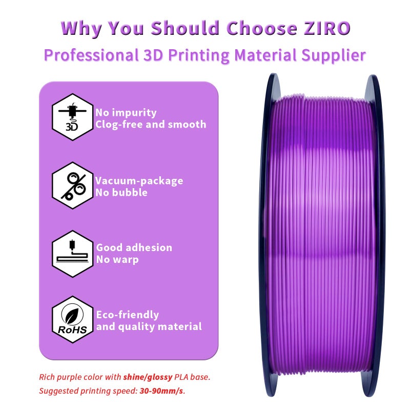 ZIRO 3D Printer Filament, Shine Glorry PLA Filament 1.75mm, Shining Silk 3D Printing Material, Fit Most Printers, Metal-Like 1KG/2.2lb Spool, Silky Purple - Image 3